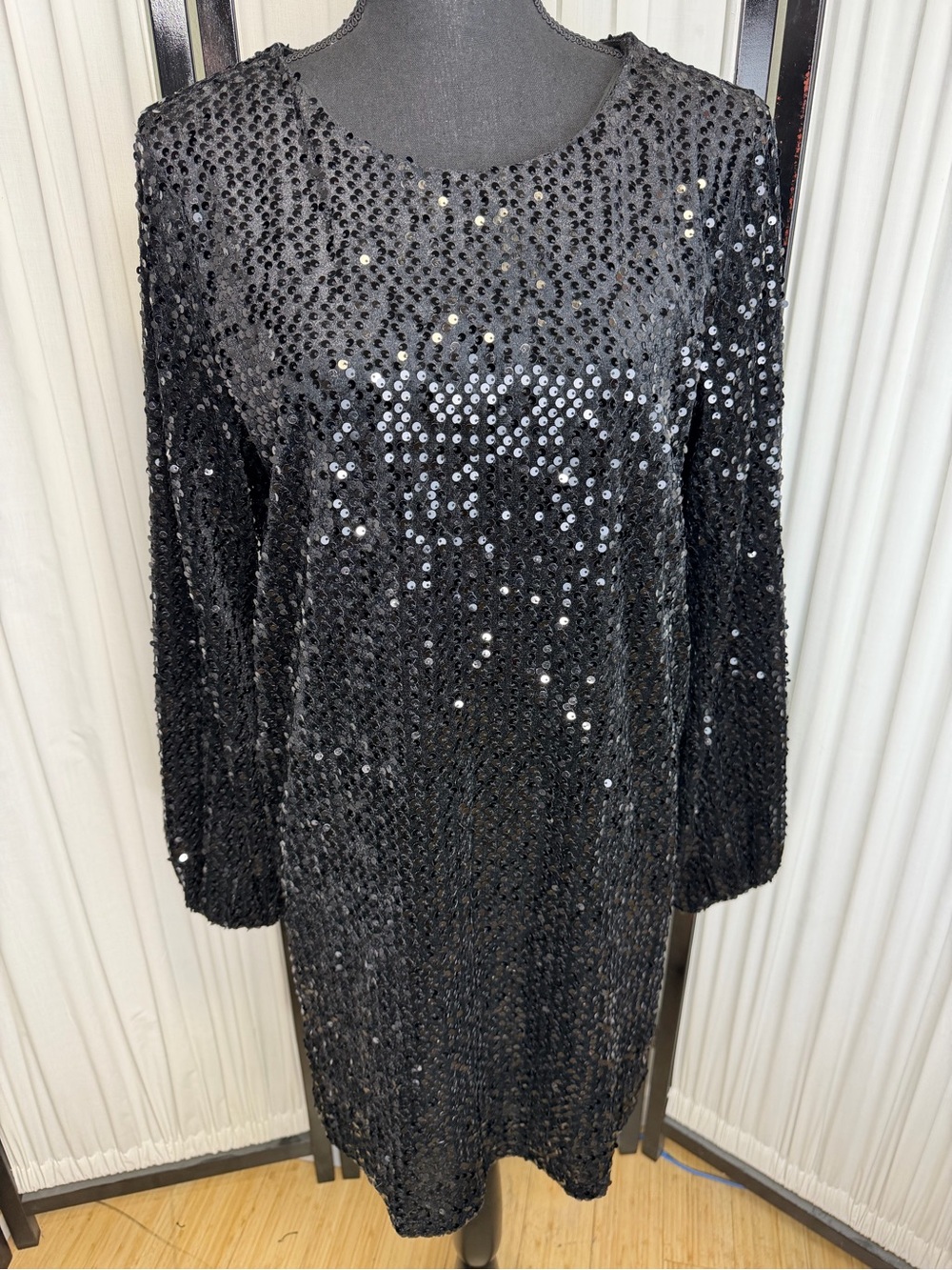 Black Sequin Long-Sleeve Mini Dress with satin tie exposed back